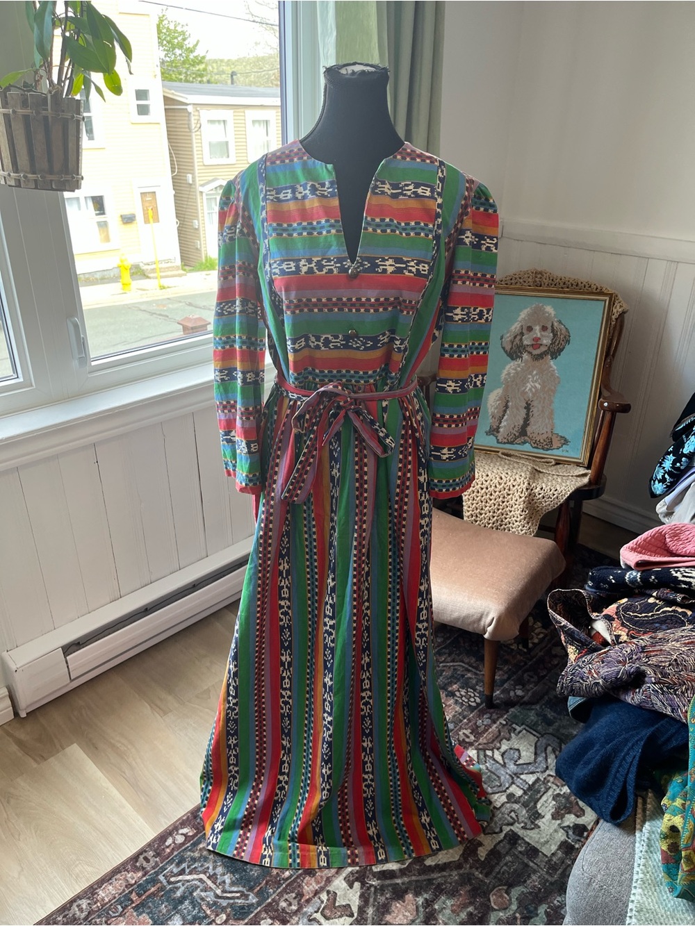 Women’s Vintage 100% Cotton JC Penny Boho Style Stripe V-Neck Maxi Dress L Fit